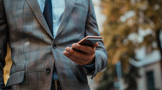 Closeup of businessman using smartphone in the city