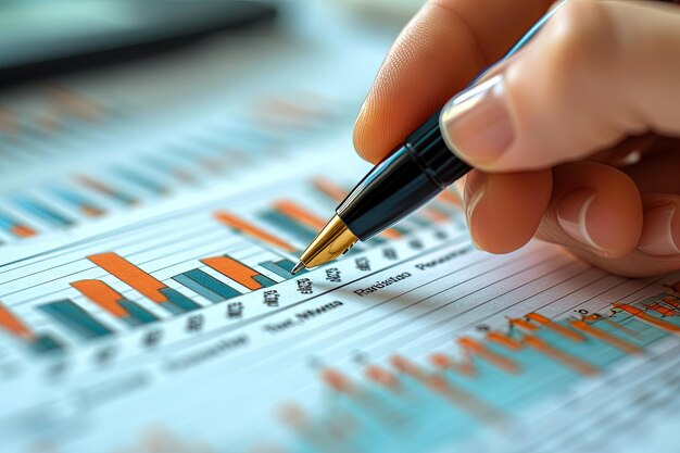 Closeup of a businessmans hand holding a pen and analyzing investment graphs AI Generated