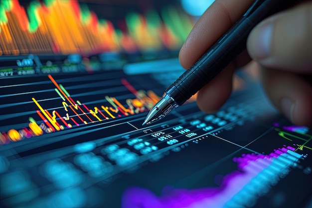 Closeup of a businessmans hand holding a pen and analyzing investment graphs AI Generated