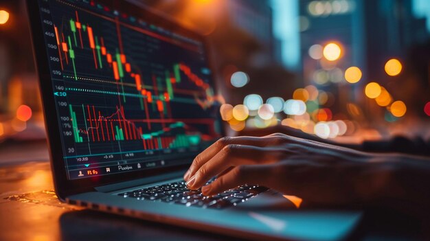 Photo closeup of businessperson pointing at graph on digital laptop in office