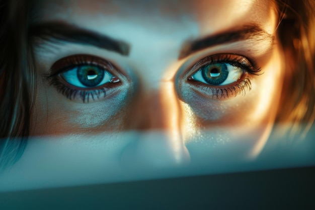 Foto un primo piano del viso di una donna d'affari riflesso sullo schermo del suo laptop in un ufficio leggermente illuminato che simboleggia la concentrazione e la determinazione