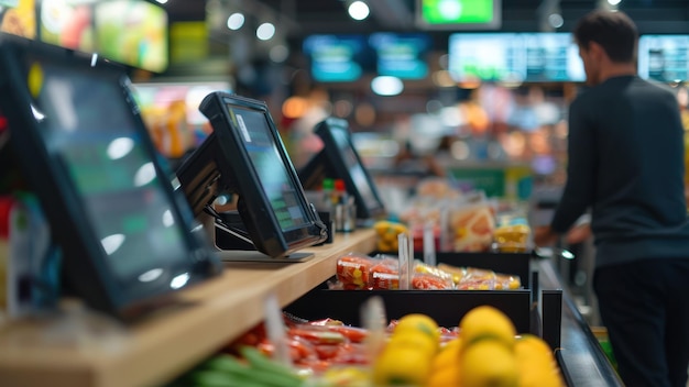 Closeup of a busy retail checkout counter transaction screens showing sales data