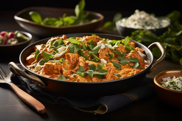 Photo a closeup of butter chicken being garnished with grated paneer