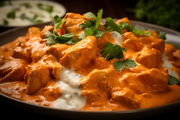 closeup of butter chicken in a rich creamy sauce