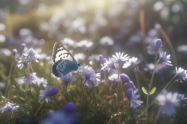 Closeup on a butterfly on a blooming flower in a meadow Generative AI