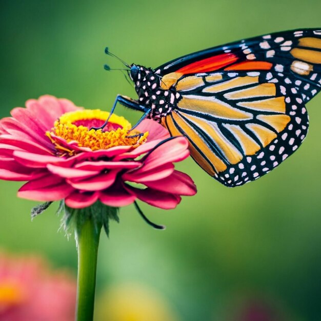 Photo closeup of butterfly pollinating on pink flower