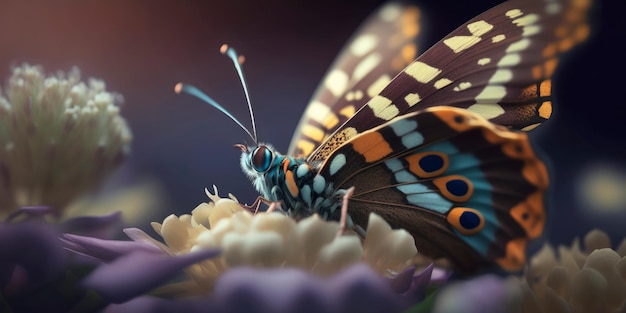 Closeup of a butterfly resting on a blooming flower Generative AI