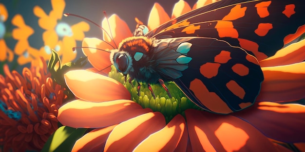 Closeup of a butterfly resting on a blooming flower Generative AI