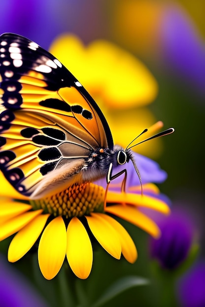 Closeup of a butterfly on spring flowers wildflower field colorful yellow daisies