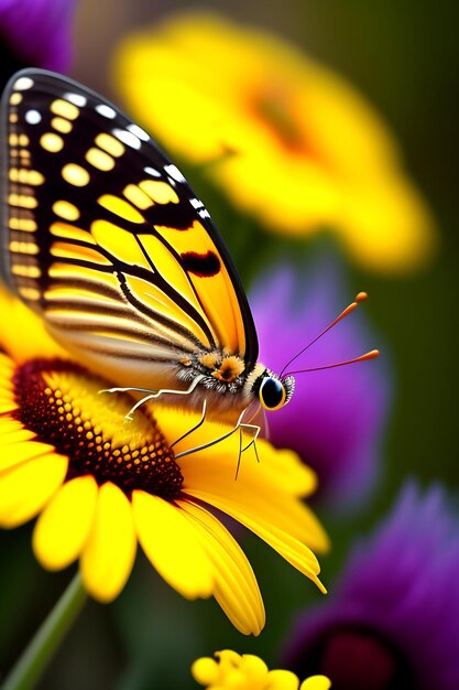 Closeup of a butterfly on spring flowers wildflower field colorful yellow daisies