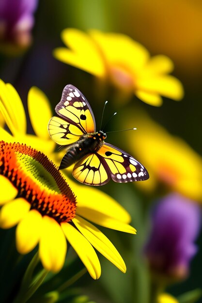 Closeup of a butterfly on spring flowers wildflower field colorful yellow and white daisies