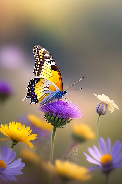 Closeup of a butterfly on spring flowers Wildflower field Colorful yellow and white daisies