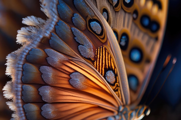 겨울에 복잡한 패턴을 볼 수 있는 나비 날개의 근접 촬영