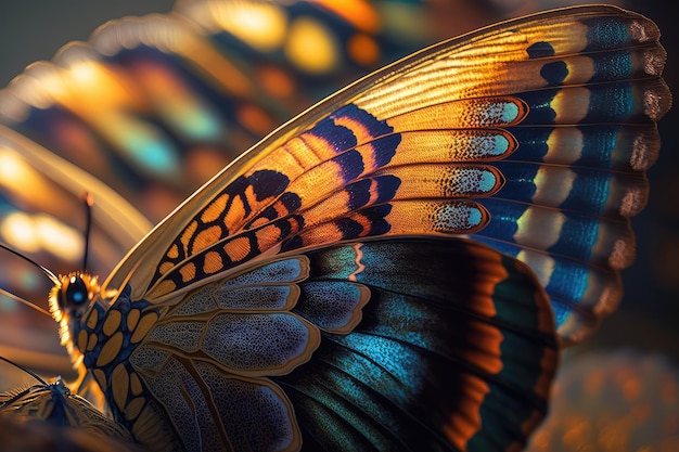 Closeup of butterflys wings with intricate patterns and colors shining in the sunlight