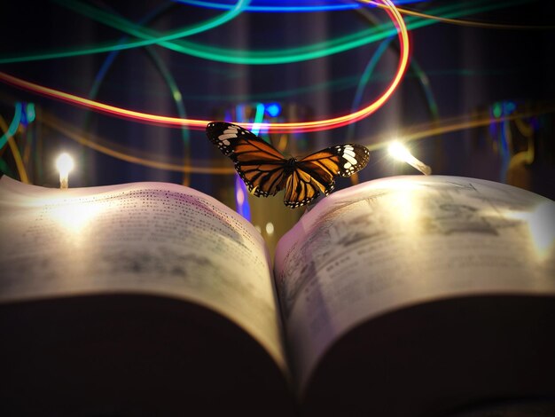 Photo closeup of a butterly flying over an opened fantasy book with motion blurred of colorful lighting