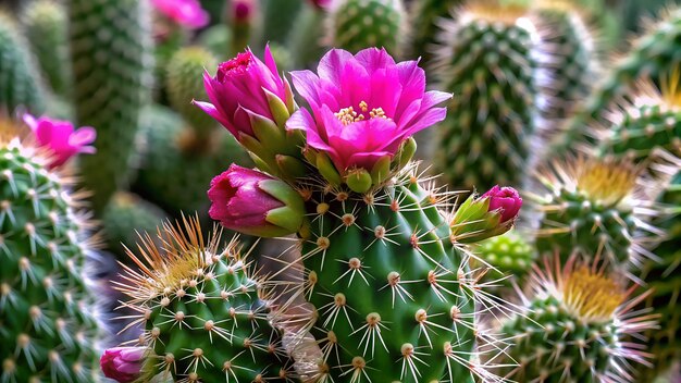 A closeup of a cactus plant with vibrant pink flowers blooming against its prickly green stems