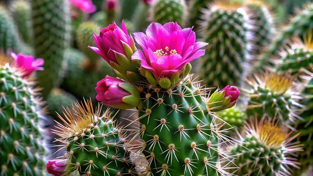 棘 の 緑 の 茎 に 対し て 鮮やかな ピンク の 花 が く カクタス 植物 の 近く の 写真