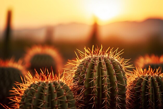 CloseUp of Cactus Spines in Desert Sunse