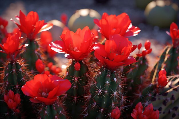 Closeup of a cactus with red flowers Generative ai