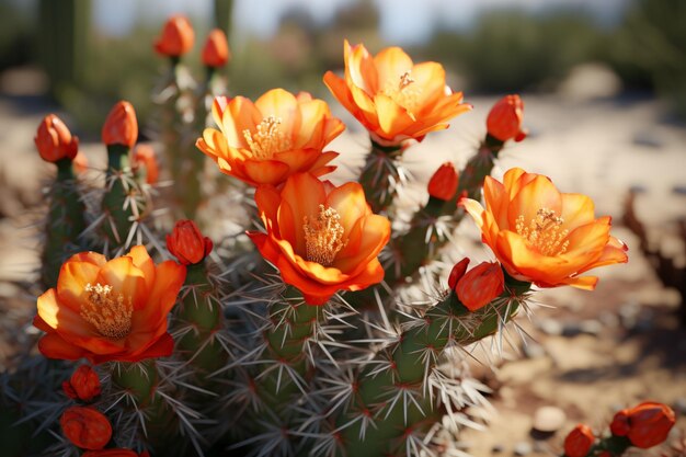 Foto close-up di un cactus con fiori arancione vivaci generative ai