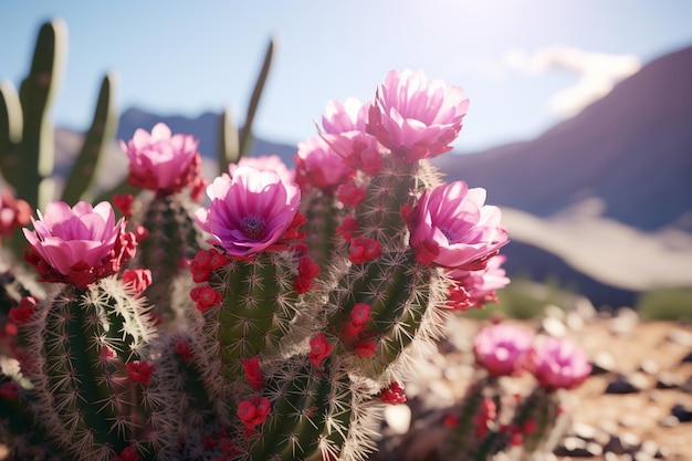 Closeup of a cactus with vibrant pink flowers in a 00201 00