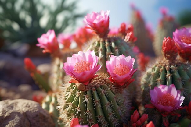 Closeup of a cactus with vibrant pink flowers in a 00202 01