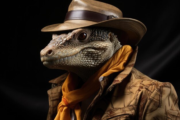 Closeup of a caiman with clothes and hat anthropomorphic image