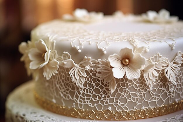Closeup of a cake adorned with intricate lace made of sugar