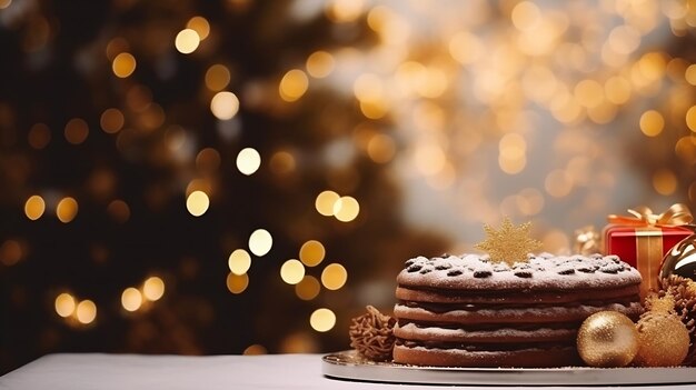 Closeup of cake and cookies on table against illuminated Christmas Tree at home Generative AI