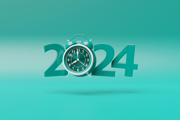 Closeup of calendar header number 2024 with blue retro clock on a blue background 3D illustration Changeability of years