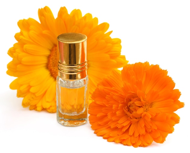 Closeup of calendula with essence bottle over white background