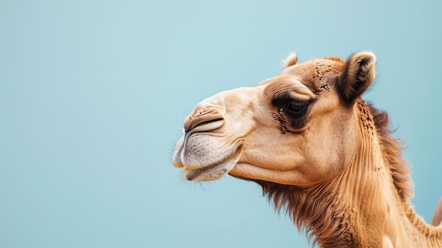 A closeup of a camels face The camel is looking to the left of the frame It has a light brown coat and dark brown eyes