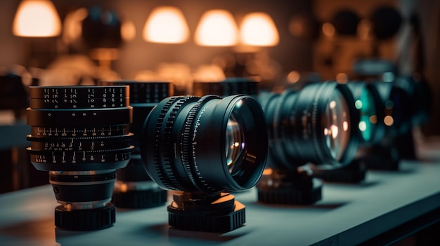 Photo closeup of a camera lens on a table in a photo studiogenerative ai