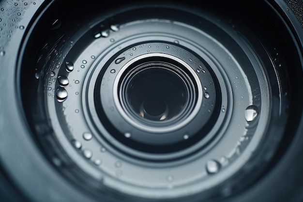 Foto close-up di un'obiettivo della macchina fotografica con gocce d'acqua perfette per gli appassionati di fotografia