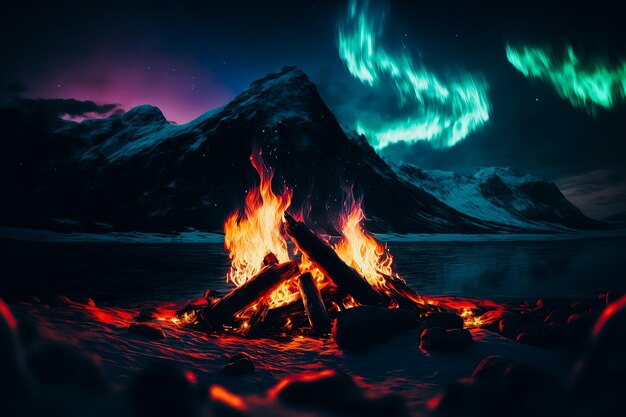 A closeup of a campfire flickering in the darkness surrounded by the rugged beauty of the Arctic