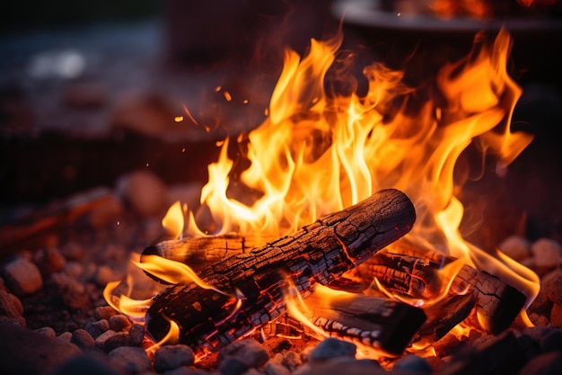 Closeup of a campfire focus on glowing embers