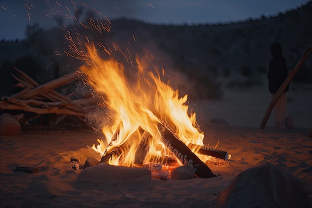 Closeup of campfire with sparks flying and flickering flames