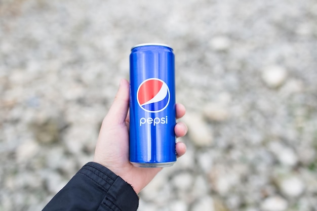 Closeup of can of Pepsi in male hand Larnaca Cyprus 14 December 2022