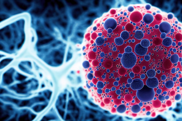 Раковая клетка крупным планом и различные бактерии рассматривают под микроскопом различные вирусные атаки на раковую опухоль