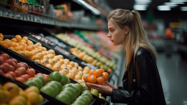 Откровенная фотография крупным планом женщины, покупающей продукты, фрукты и овощи в продуктовом супермаркете, инфляция цен на продукты, концепция прохода, Генеративный ИИ