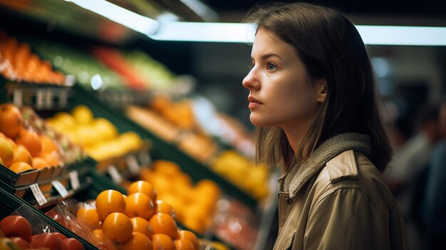 Откровенная фотография крупным планом женщины, покупающей продукты, фрукты и овощи в продуктовом супермаркете, инфляция цен на продукты, концепция прохода, Генеративный ИИ