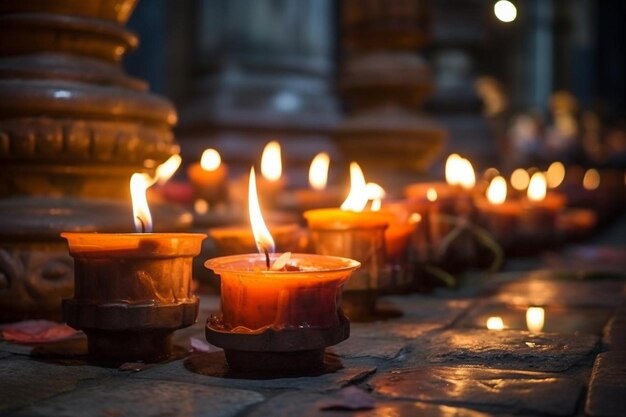 Closeup candles in the temple on a blurred background