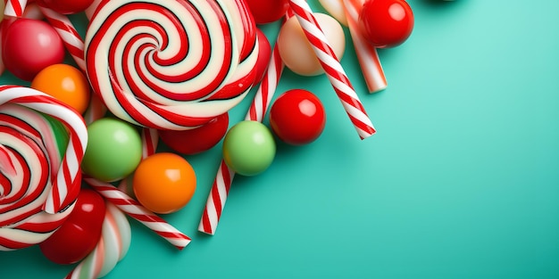 A closeup of a candy cane and a lolly against a vibrant dessert backdrop Generative Ai