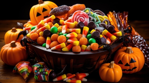 Closeup of a candy filled Halloween basket with a variety of colorful treats