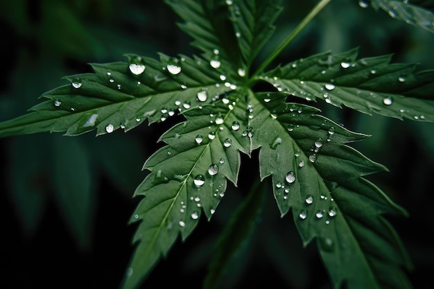 Closeup of cannabis plant with droplets of water on its foliage