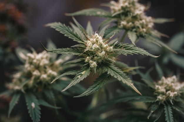 Closeup of cannabis plant with its intricate and delicate flowers in full bloom