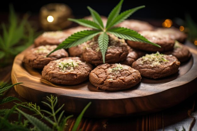 Closeup of cannabisinfused cookies on a wooden plate