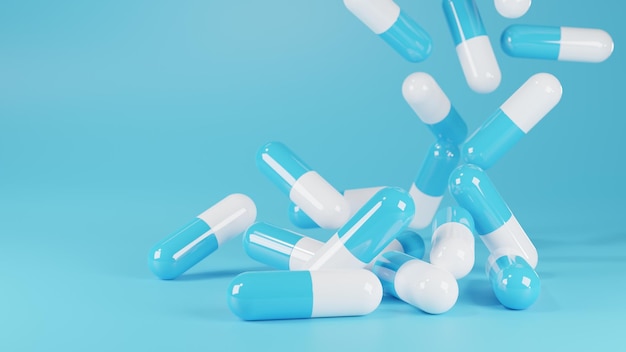 Closeup of Capsules pill medical isolated on blue background 3D Rendering