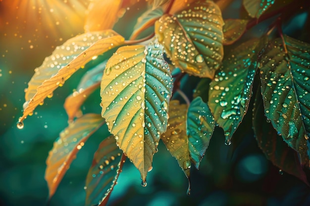 Близкий снимок листьев, украшенных мерцающей росой