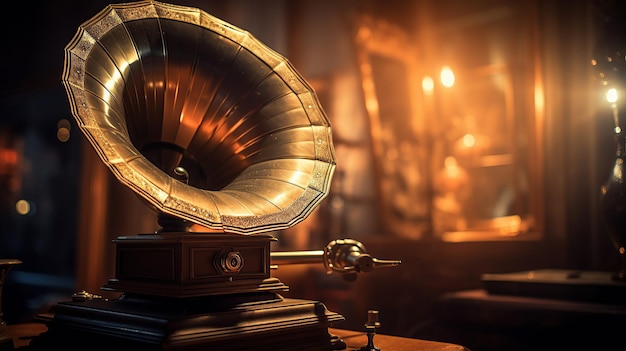 A closeup captures the nostalgic essence of a spinning record on a vintage gramophone